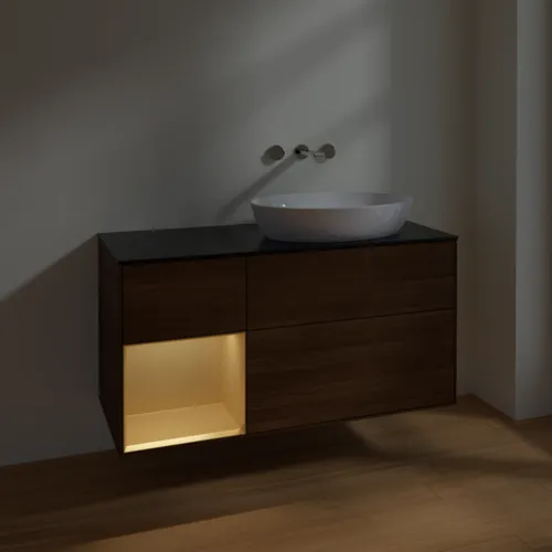 VILLEROY BOCH Finion Waschbeckenunterschrank, mit Beleuchtung, 3 Auszüge, 1200 x 603 x 501 mm, Walnut Veneer / Gold Matt Lacquer / Glass Black Matt #FA42HFGN, Bild 5