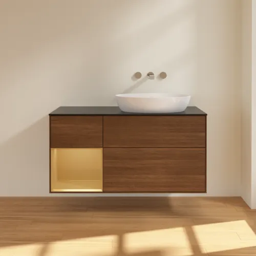 VILLEROY BOCH Finion Waschbeckenunterschrank, mit Beleuchtung, 3 Auszüge, 1200 x 603 x 501 mm, Walnut Veneer / Gold Matt Lacquer / Glass Black Matt #FA42HFGN, Bild 3