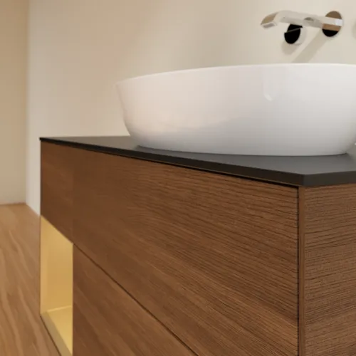 VILLEROY BOCH Finion Waschbeckenunterschrank, mit Beleuchtung, 3 Auszüge, 1200 x 603 x 501 mm, Walnut Veneer / Gold Matt Lacquer / Glass Black Matt #FA42HFGN, Bild 6