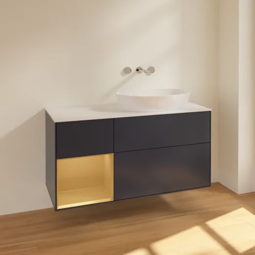Bild von VILLEROY BOCH Finion Waschbeckenunterschrank, mit Beleuchtung, 3 Auszüge, 1200 x 603 x 501 mm, Midnight Blue Matt Lacquer / Gold Matt Lacquer / Glass White Matt #FA41HFHG