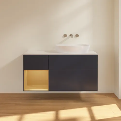 Bild von VILLEROY BOCH Finion Waschbeckenunterschrank, mit Beleuchtung, 3 Auszüge, 1200 x 603 x 501 mm, Midnight Blue Matt Lacquer / Gold Matt Lacquer / Glass White Matt #FA41HFHG
