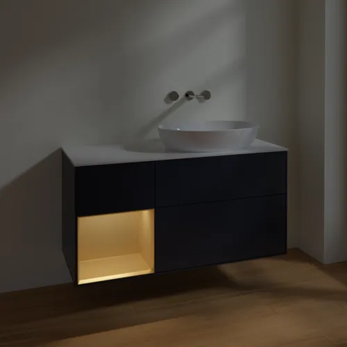 Bild von VILLEROY BOCH Finion Waschbeckenunterschrank, mit Beleuchtung, 3 Auszüge, 1200 x 603 x 501 mm, Midnight Blue Matt Lacquer / Gold Matt Lacquer / Glass White Matt #FA41HFHG