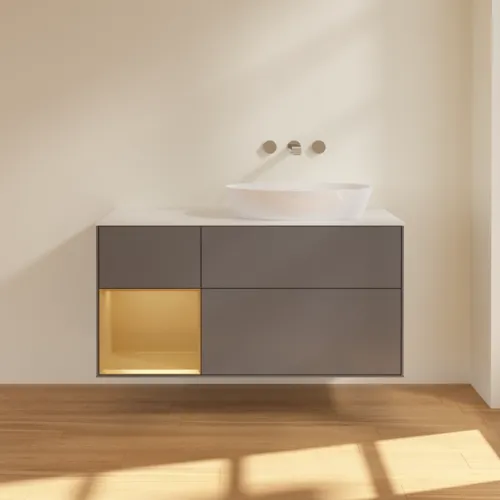 Bild von VILLEROY BOCH Finion Waschbeckenunterschrank, mit Beleuchtung, 3 Auszüge, 1200 x 603 x 501 mm, Anthracite Matt Lacquer / Gold Matt Lacquer / Glass White Matt #FA41HFGK
