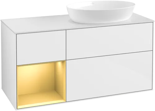 VILLEROY BOCH Finion Vanity unit, with lighting, 3 pull-out compartments, 1200 x 603 x 501 mm, Glossy White Lacquer / Gold Matt Lacquer / Glass White Matt #FA41HFGF resmi