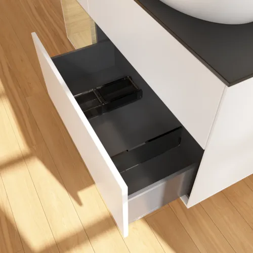 VILLEROY BOCH Finion Waschbeckenunterschrank, mit Beleuchtung, 3 Auszüge, 1200 x 603 x 501 mm, White Matt Lacquer / Oak Veneer / Glass Black Matt #FA42PCMT, Bild 7