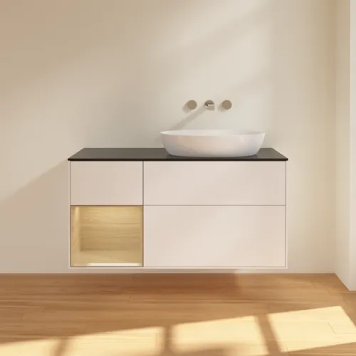 VILLEROY BOCH Finion Waschbeckenunterschrank, mit Beleuchtung, 3 Auszüge, 1200 x 603 x 501 mm, White Matt Lacquer / Oak Veneer / Glass Black Matt #FA42PCMT, Bild 3