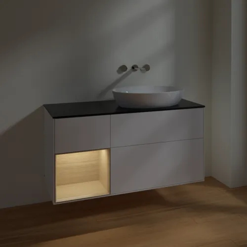 VILLEROY BOCH Finion Waschbeckenunterschrank, mit Beleuchtung, 3 Auszüge, 1200 x 603 x 501 mm, White Matt Lacquer / Oak Veneer / Glass Black Matt #FA42PCMT, Bild 5