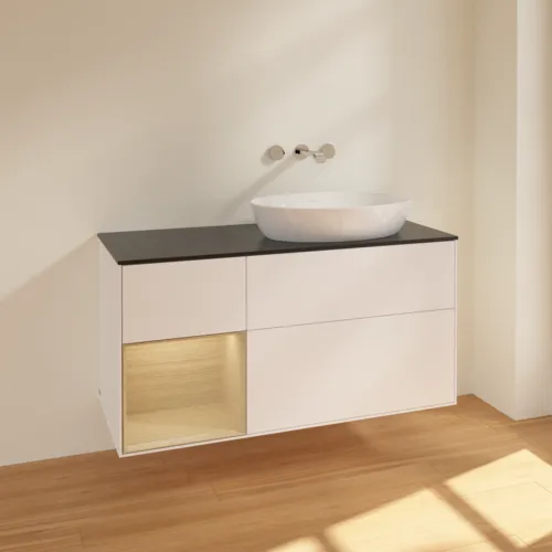 VILLEROY BOCH Finion Waschbeckenunterschrank, mit Beleuchtung, 3 Auszüge, 1200 x 603 x 501 mm, White Matt Lacquer / Oak Veneer / Glass Black Matt #FA42PCMT, Bild 2