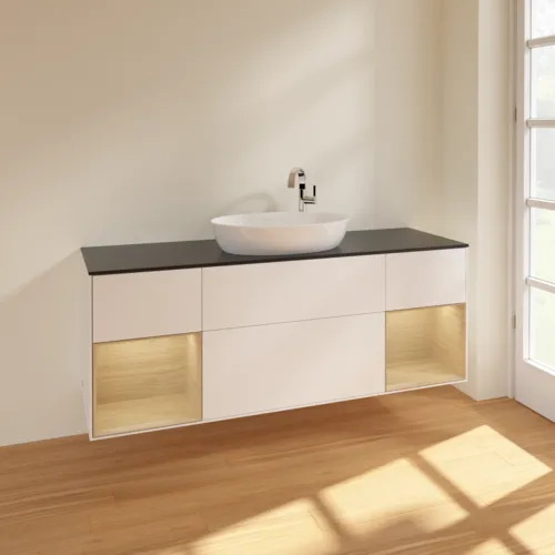 Bild von VILLEROY BOCH Finion Waschbeckenunterschrank, mit Beleuchtung, 4 Auszüge, 1600 x 603 x 501 mm, White Matt Lacquer / Oak Veneer / Glass Black Matt #F982PCMT