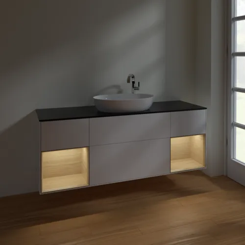 Bild von VILLEROY BOCH Finion Waschbeckenunterschrank, mit Beleuchtung, 4 Auszüge, 1600 x 603 x 501 mm, White Matt Lacquer / Oak Veneer / Glass Black Matt #F982PCMT