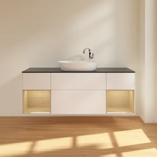 Bild von VILLEROY BOCH Finion Waschbeckenunterschrank, mit Beleuchtung, 4 Auszüge, 1600 x 603 x 501 mm, White Matt Lacquer / Oak Veneer / Glass Black Matt #F982PCMT