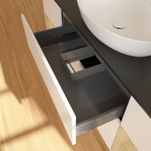 Bild von VILLEROY BOCH Finion Waschbeckenunterschrank, mit Beleuchtung, 4 Auszüge, 1600 x 603 x 501 mm, White Matt Lacquer / Oak Veneer / Glass Black Matt #F982PCMT