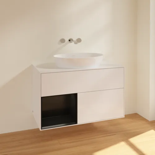 Bild von VILLEROY BOCH Finion Waschbeckenunterschrank, mit Beleuchtung, 2 Auszüge, 1000 x 603 x 501 mm, Glossy White Lacquer / Black Matt Lacquer / Glass White Matt #FA11PDGF