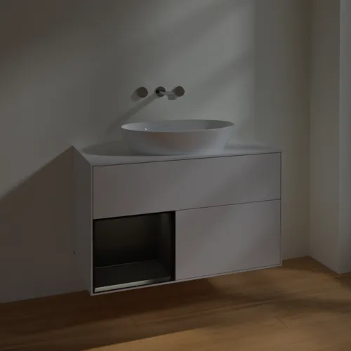 Bild von VILLEROY BOCH Finion Waschbeckenunterschrank, mit Beleuchtung, 2 Auszüge, 1000 x 603 x 501 mm, Glossy White Lacquer / Black Matt Lacquer / Glass White Matt #FA11PDGF