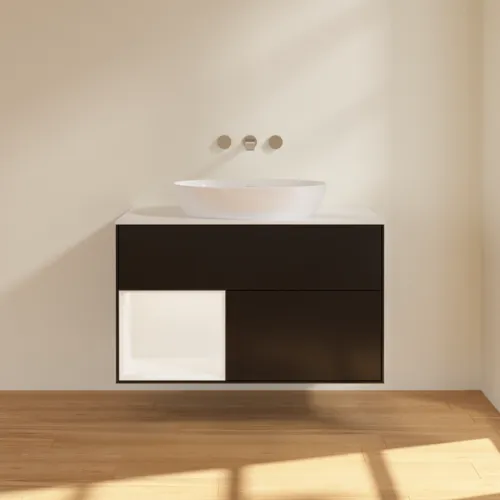 Obrázek VILLEROY BOCH Finion Vanity unit, with lighting, 2 pull-out compartments, 1000 x 603 x 501 mm, Black Matt Lacquer / White Matt Lacquer / Glass White Matt #FA11MTPD