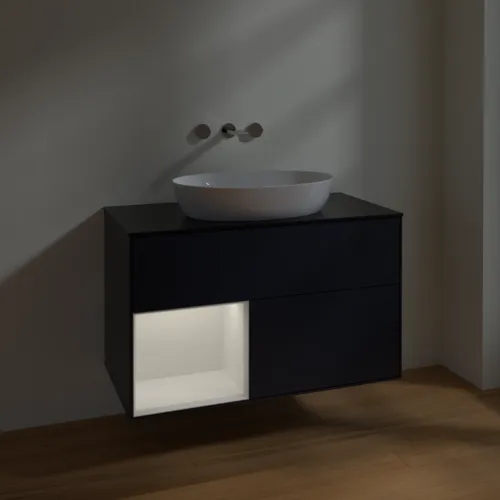 Bild von VILLEROY BOCH Finion Waschbeckenunterschrank, mit Beleuchtung, 2 Auszüge, 1000 x 603 x 501 mm, Midnight Blue Matt Lacquer / Glossy White Lacquer / Glass Black Matt #FA12GFHG