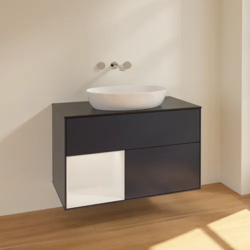 Bild von VILLEROY BOCH Finion Waschbeckenunterschrank, mit Beleuchtung, 2 Auszüge, 1000 x 603 x 501 mm, Midnight Blue Matt Lacquer / Glossy White Lacquer / Glass Black Matt #FA12GFHG