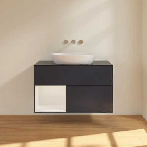 Bild von VILLEROY BOCH Finion Waschbeckenunterschrank, mit Beleuchtung, 2 Auszüge, 1000 x 603 x 501 mm, Midnight Blue Matt Lacquer / Glossy White Lacquer / Glass Black Matt #FA12GFHG