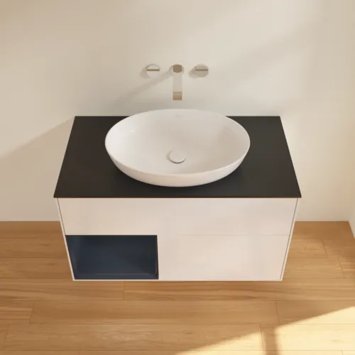 Picture of VILLEROY BOCH Finion Vanity unit, with lighting, 2 pull-out compartments, 1000 x 603 x 501 mm, Glossy White Lacquer / Midnight Blue Matt Lacquer / Glass Black Matt #FA12HGGF