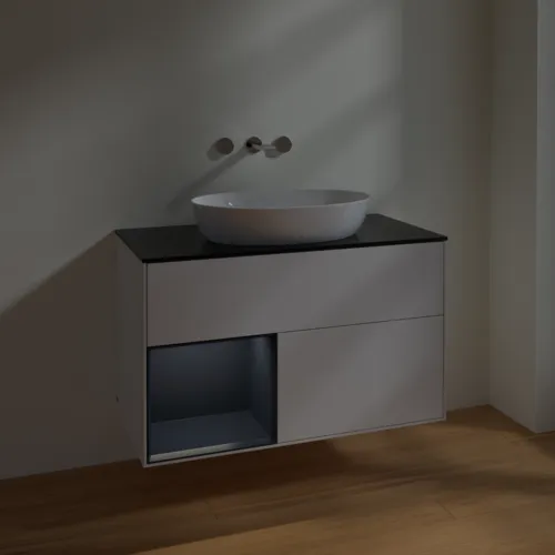 Picture of VILLEROY BOCH Finion Vanity unit, with lighting, 2 pull-out compartments, 1000 x 603 x 501 mm, Glossy White Lacquer / Midnight Blue Matt Lacquer / Glass Black Matt #FA12HGGF