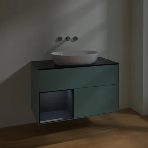 Bild von VILLEROY BOCH Finion Waschbeckenunterschrank, mit Beleuchtung, 2 Auszüge, 1000 x 603 x 501 mm, Olive Matt Lacquer / Midnight Blue Matt Lacquer / Glass Black Matt #FA12HGGM