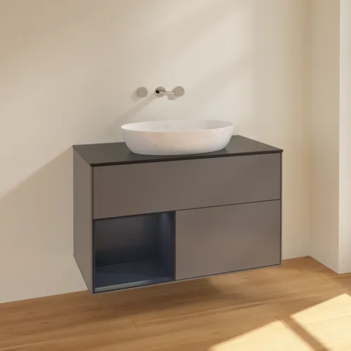 Bild von VILLEROY BOCH Finion Waschbeckenunterschrank, mit Beleuchtung, 2 Auszüge, 1000 x 603 x 501 mm, Anthracite Matt Lacquer / Midnight Blue Matt Lacquer / Glass Black Matt #FA12HGGK