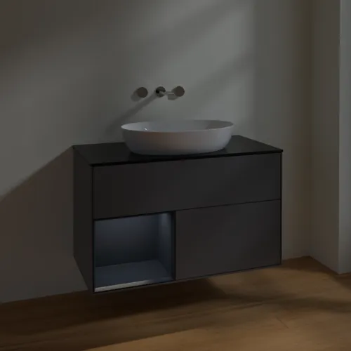 Bild von VILLEROY BOCH Finion Waschbeckenunterschrank, mit Beleuchtung, 2 Auszüge, 1000 x 603 x 501 mm, Anthracite Matt Lacquer / Midnight Blue Matt Lacquer / Glass Black Matt #FA12HGGK