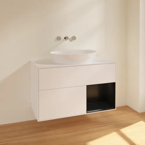 Bild von VILLEROY BOCH Finion Waschbeckenunterschrank, mit Beleuchtung, 2 Auszüge, 1000 x 603 x 501 mm, White Matt Lacquer / Black Matt Lacquer / Glass White Matt #FA21PDMT