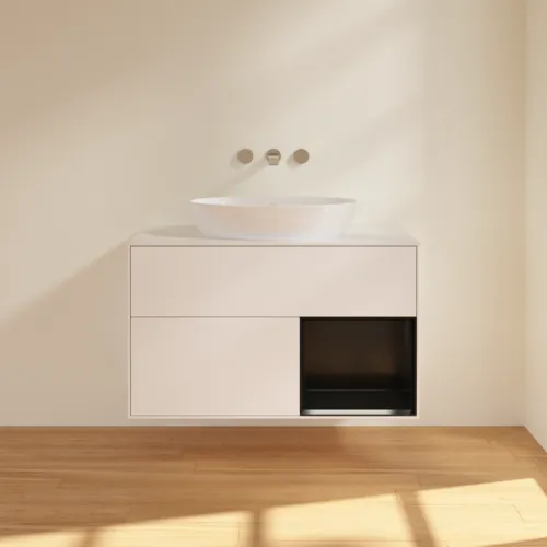 Bild von VILLEROY BOCH Finion Waschbeckenunterschrank, mit Beleuchtung, 2 Auszüge, 1000 x 603 x 501 mm, White Matt Lacquer / Black Matt Lacquer / Glass White Matt #FA21PDMT