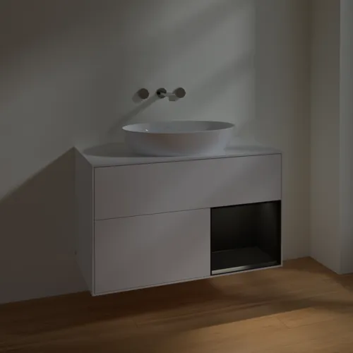 Bild von VILLEROY BOCH Finion Waschbeckenunterschrank, mit Beleuchtung, 2 Auszüge, 1000 x 603 x 501 mm, White Matt Lacquer / Black Matt Lacquer / Glass White Matt #FA21PDMT