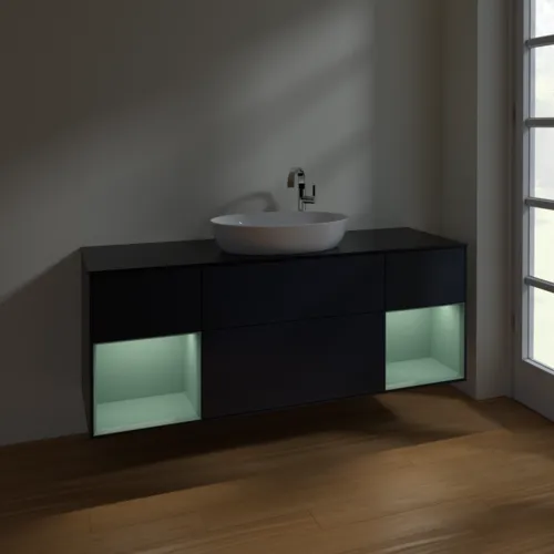Bild von VILLEROY BOCH Finion Waschbeckenunterschrank, mit Beleuchtung, 4 Auszüge, 1600 x 603 x 501 mm, Midnight Blue Matt Lacquer / Olive Matt Lacquer / Glass Black Matt #F982GMHG