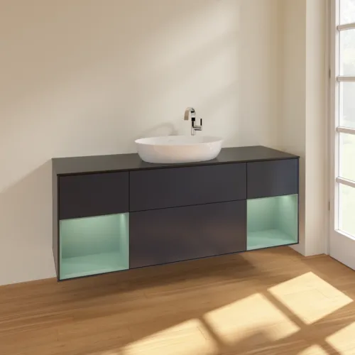 Bild von VILLEROY BOCH Finion Waschbeckenunterschrank, mit Beleuchtung, 4 Auszüge, 1600 x 603 x 501 mm, Midnight Blue Matt Lacquer / Olive Matt Lacquer / Glass Black Matt #F982GMHG