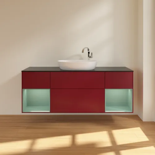 Bild von VILLEROY BOCH Finion Waschbeckenunterschrank, mit Beleuchtung, 4 Auszüge, 1600 x 603 x 501 mm, Peony Matt Lacquer / Olive Matt Lacquer / Glass Black Matt #F982GMHB