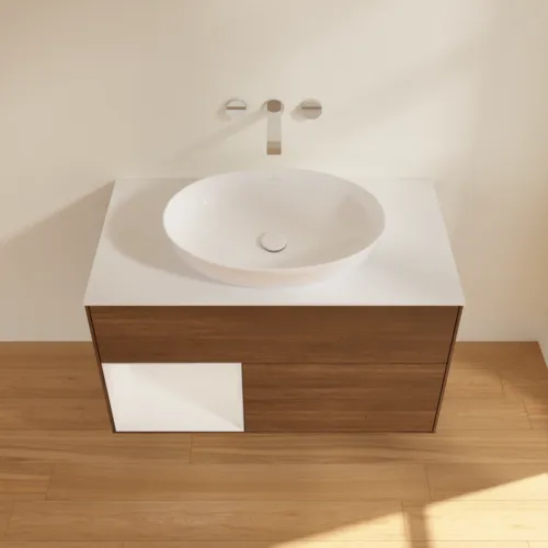 Bild von VILLEROY BOCH Finion Waschbeckenunterschrank, mit Beleuchtung, 2 Auszüge, 1000 x 603 x 501 mm, Walnut Veneer / Glossy White Lacquer / Glass White Matt #FA11GFGN