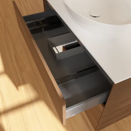 Bild von VILLEROY BOCH Finion Waschbeckenunterschrank, mit Beleuchtung, 2 Auszüge, 1000 x 603 x 501 mm, Walnut Veneer / Glossy White Lacquer / Glass White Matt #FA11GFGN