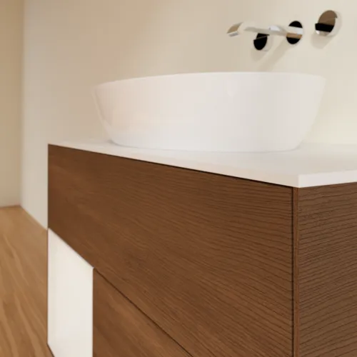 Bild von VILLEROY BOCH Finion Waschbeckenunterschrank, mit Beleuchtung, 2 Auszüge, 1000 x 603 x 501 mm, Walnut Veneer / Glossy White Lacquer / Glass White Matt #FA11GFGN