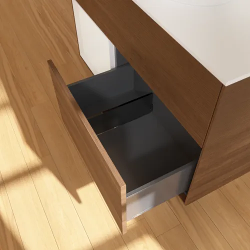 Bild von VILLEROY BOCH Finion Waschbeckenunterschrank, mit Beleuchtung, 2 Auszüge, 1000 x 603 x 501 mm, Walnut Veneer / Glossy White Lacquer / Glass White Matt #FA11GFGN