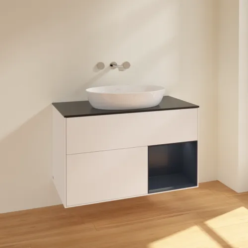Bild von VILLEROY BOCH Finion Waschbeckenunterschrank, mit Beleuchtung, 2 Auszüge, 1000 x 603 x 501 mm, White Matt Lacquer / Midnight Blue Matt Lacquer / Glass Black Matt #FA22HGMT