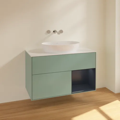 Bild von VILLEROY BOCH Finion Waschbeckenunterschrank, mit Beleuchtung, 2 Auszüge, 1000 x 603 x 501 mm, Olive Matt Lacquer / Midnight Blue Matt Lacquer / Glass White Matt #FA21HGGM