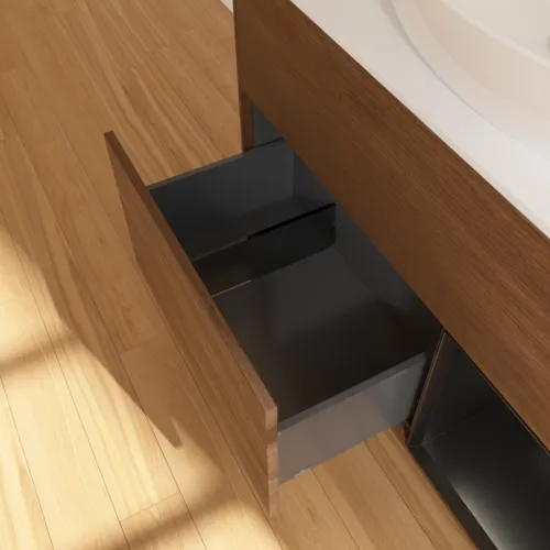 Bild von VILLEROY BOCH Finion Waschbeckenunterschrank, mit Beleuchtung, 2 Auszüge, 1000 x 603 x 501 mm, Walnut Veneer / Black Matt Lacquer / Glass White Matt #FA21PDGN