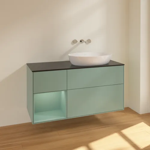 Bild von VILLEROY BOCH Finion Waschbeckenunterschrank, mit Beleuchtung, 3 Auszüge, 1200 x 603 x 501 mm, Olive Matt Lacquer / Olive Matt Lacquer / Glass Black Matt #FA42GMGM