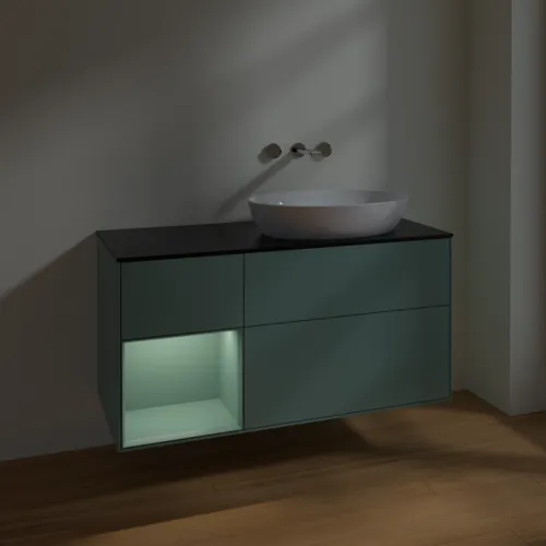 Bild von VILLEROY BOCH Finion Waschbeckenunterschrank, mit Beleuchtung, 3 Auszüge, 1200 x 603 x 501 mm, Olive Matt Lacquer / Olive Matt Lacquer / Glass Black Matt #FA42GMGM