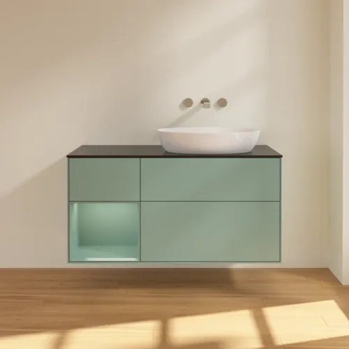 Bild von VILLEROY BOCH Finion Waschbeckenunterschrank, mit Beleuchtung, 3 Auszüge, 1200 x 603 x 501 mm, Olive Matt Lacquer / Olive Matt Lacquer / Glass Black Matt #FA42GMGM
