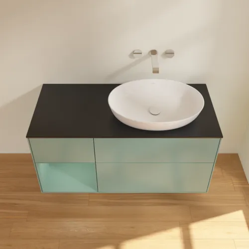 Bild von VILLEROY BOCH Finion Waschbeckenunterschrank, mit Beleuchtung, 3 Auszüge, 1200 x 603 x 501 mm, Olive Matt Lacquer / Olive Matt Lacquer / Glass Black Matt #FA42GMGM