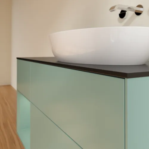 Bild von VILLEROY BOCH Finion Waschbeckenunterschrank, mit Beleuchtung, 3 Auszüge, 1200 x 603 x 501 mm, Olive Matt Lacquer / Olive Matt Lacquer / Glass Black Matt #FA42GMGM