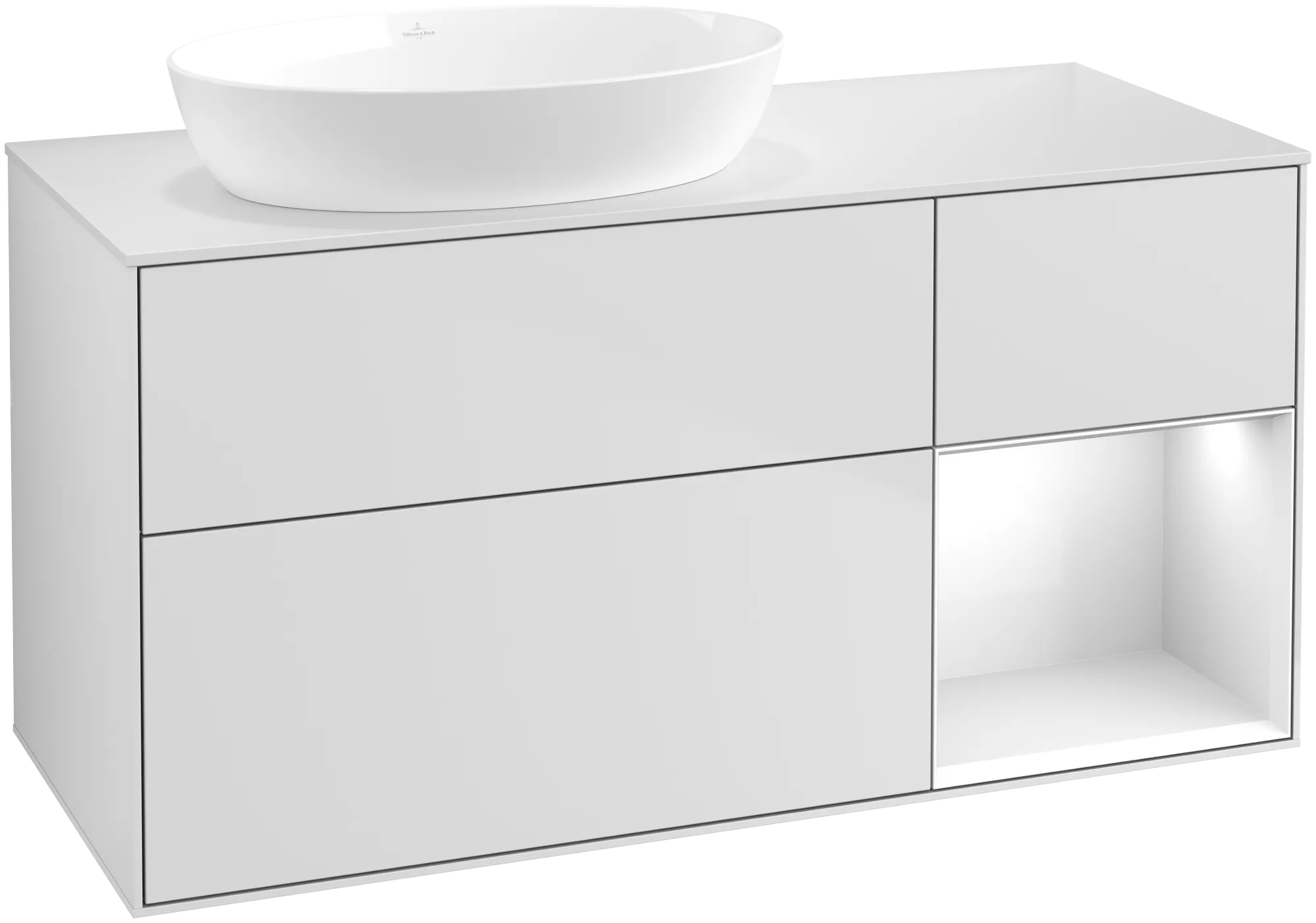 Obrázek VILLEROY BOCH Finion Vanity unit, with lighting, 3 pull-out compartments, 1200 x 603 x 501 mm, White Matt Lacquer / Glossy White Lacquer / Glass White Matt #FA51GFMT
