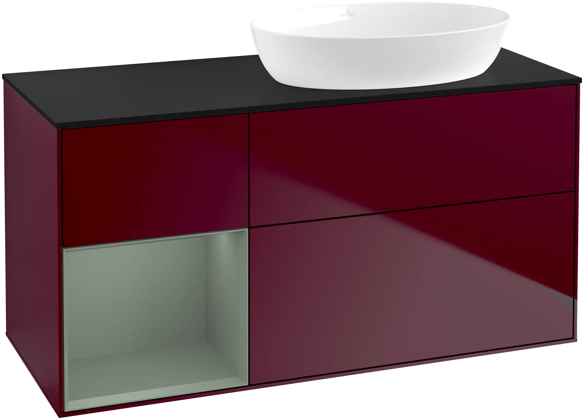 Picture of VILLEROY BOCH Finion Vanity unit, with lighting, 3 pull-out compartments, 1200 x 603 x 501 mm, Peony Matt Lacquer / Olive Matt Lacquer / Glass Black Matt #FA42GMHB