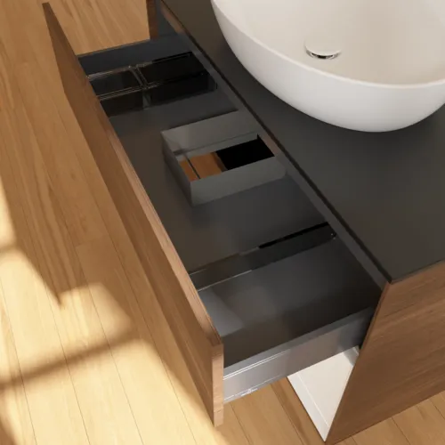Bild von VILLEROY BOCH Finion Waschbeckenunterschrank, mit Beleuchtung, 2 Auszüge, 1000 x 603 x 501 mm, Walnut Veneer / Glossy White Lacquer / Glass Black Matt #FA22GFGN