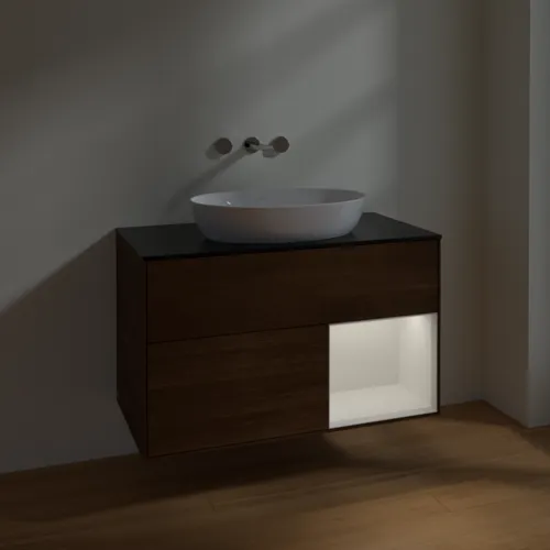 Bild von VILLEROY BOCH Finion Waschbeckenunterschrank, mit Beleuchtung, 2 Auszüge, 1000 x 603 x 501 mm, Walnut Veneer / Glossy White Lacquer / Glass Black Matt #FA22GFGN