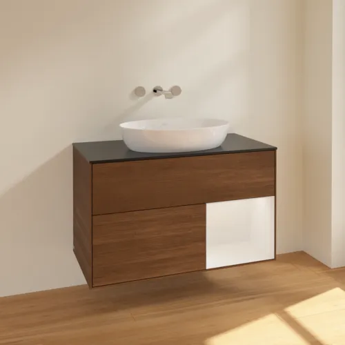 Bild von VILLEROY BOCH Finion Waschbeckenunterschrank, mit Beleuchtung, 2 Auszüge, 1000 x 603 x 501 mm, Walnut Veneer / Glossy White Lacquer / Glass Black Matt #FA22GFGN